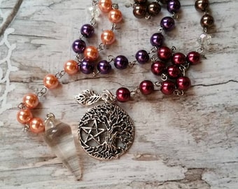 Mabon prayer beads, pagan prayer beads, Mabon witches prayer beads, stainless steel, glass pearls, tree of life with pentagram, clear Quartz