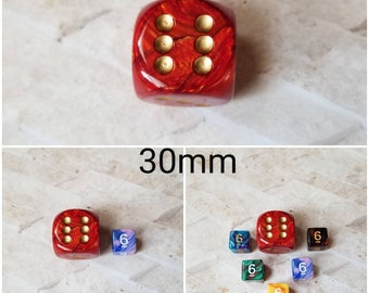 30mm Chessex Scarab Scarlet with gold dice, Chessex 30mm die, Scarab Scarlet, mega titan d6, dnd dice, extra d6 dice, individual dice