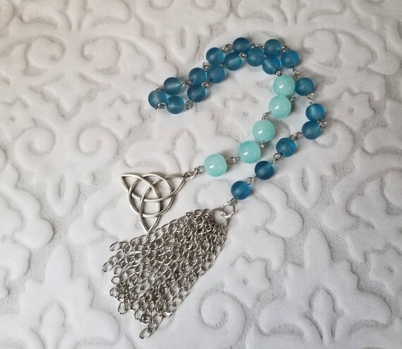 Baha'i prayer beads, 19 and 5 prayer beads, hand-wired, stainless steel, blue sea glass, blue Malay Jade, Triquetra charm, handmade tassel