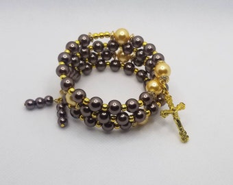Five decade rosary bracelet, memory wire bracelet, wrap bracelet, brown and yellow glass pearls, gold toned crucifix, religious bracelet