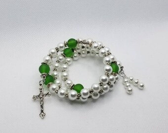 Five decade rosary bracelet, memory wire bracelet, wrap bracelet, white glass pearls, green frosted glass beads, silver crucifix, religious