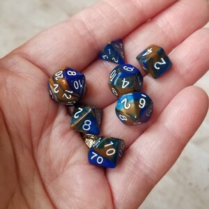 Blue and brown 10mm Mini Dnd dice, polyhedral gaming dice, DnD dice set, RPG dice, D and D dice, set of 7 DnD dice, 10mm dice,