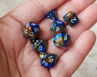 Blue and brown 10mm Mini Dnd dice, polyhedral gaming dice, DnD dice set, RPG dice, D and D dice, set of 7 DnD dice, 10mm dice,