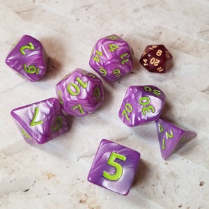 25mm Titan dice, purple pearl dnd dice, polyhedral gaming dice, DnD dice, RPG dice, big dice, D and D dice, gaming dice, purple and green