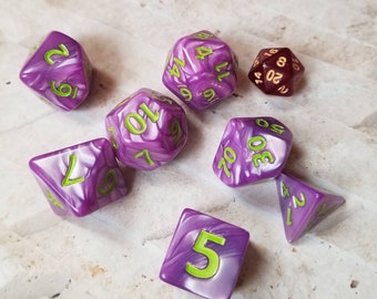 25mm Titan dice, purple pearl dnd dice, polyhedral gaming dice, DnD dice, RPG dice, big dice, D and D dice, gaming dice, purple and green