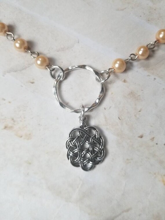 Kitten day collar, discreet day collar, light peach glass pearls, BDSM collar, hammered O ring necklace, Celtic knot day collar