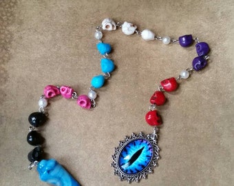 Day of the Dead prayer beads, Dia de Los Muertos prayer beads, pagan prayer beads, stainless steel, sugar skull beads, blue dragon eye