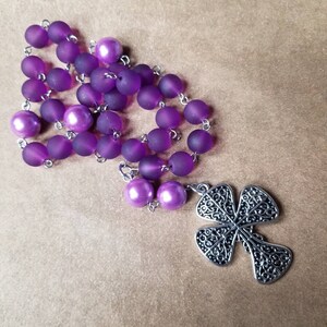 Anglican prayer beads, Episcopal, Protestant prayer beads, Methodist rosary, stainless steel, purple sea glass and pearls, art deco cross