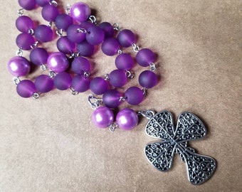 Anglican prayer beads, Episcopal, Protestant prayer beads, Methodist rosary, stainless steel, purple sea glass and pearls, art deco cross