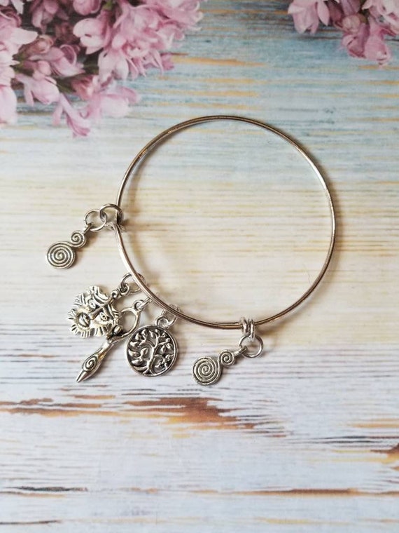 Earth religion bangle, Wiccan bangle, pagan bracelet, Goddess charm bracelet, silver metal bangle, expandable bangle, charm bracelet