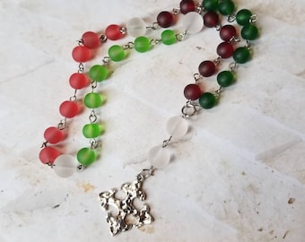 Anglican prayer beads, Methodist rosary, Protestant prayer beads, Episcopal rosary, stainless steel, Christmas colors, cultured sea glass