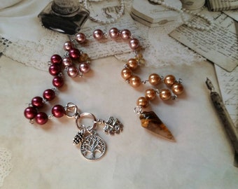 Mabon prayer beads, pagan prayer beads, Mabon witches prayer beads, stainless steel, glass pearls, tree of life, green man, gemstone point