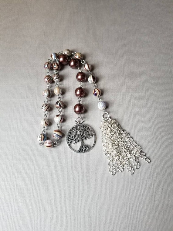 Baha'i prayer beads, 19 and 5 prayer beads, brown glass beads, glass pearls, hand-wired, tassel, tree of life charm, stainless steel pins