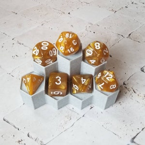 Pearly golden yellow 16mm dnd dice,  with white numbers, polyhedral gaming dice, DnD dice set, RPG dice, gaming dice, set of 7 DnD dice