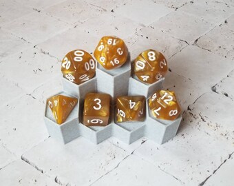 Pearly golden yellow 16mm dnd dice,  with white numbers, polyhedral gaming dice, DnD dice set, RPG dice, gaming dice, set of 7 DnD dice
