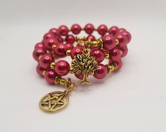Witches ladder bracelet, memory wire bracelet, beaded bracelet, wrap bracelet, multi-loop bracelet, gold and red, Pagan jewelry, pentagram