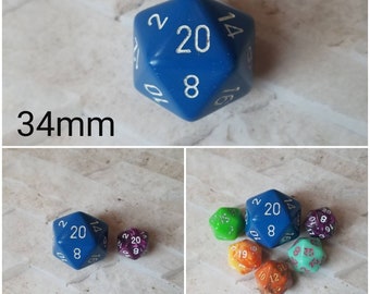 Blue and white 34mm Jumbo d20, dnd dice, oversized d20, jumbo sized d20, dnd d20, dnd dice, ttrpg dice, 34mm jumbo dnd d20