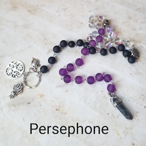 Persephone prayer beads, Goddess prayer beads, hand-wired, beautiful beads, gemstone pendulum, silver-toned charms, Goddess, Greek