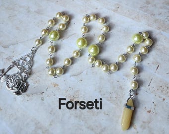 Forseti prayer beads, deity prayer beads, hand-wired, beautiful beads, silver-toned charms, Norse, Asatru, pagan, witch