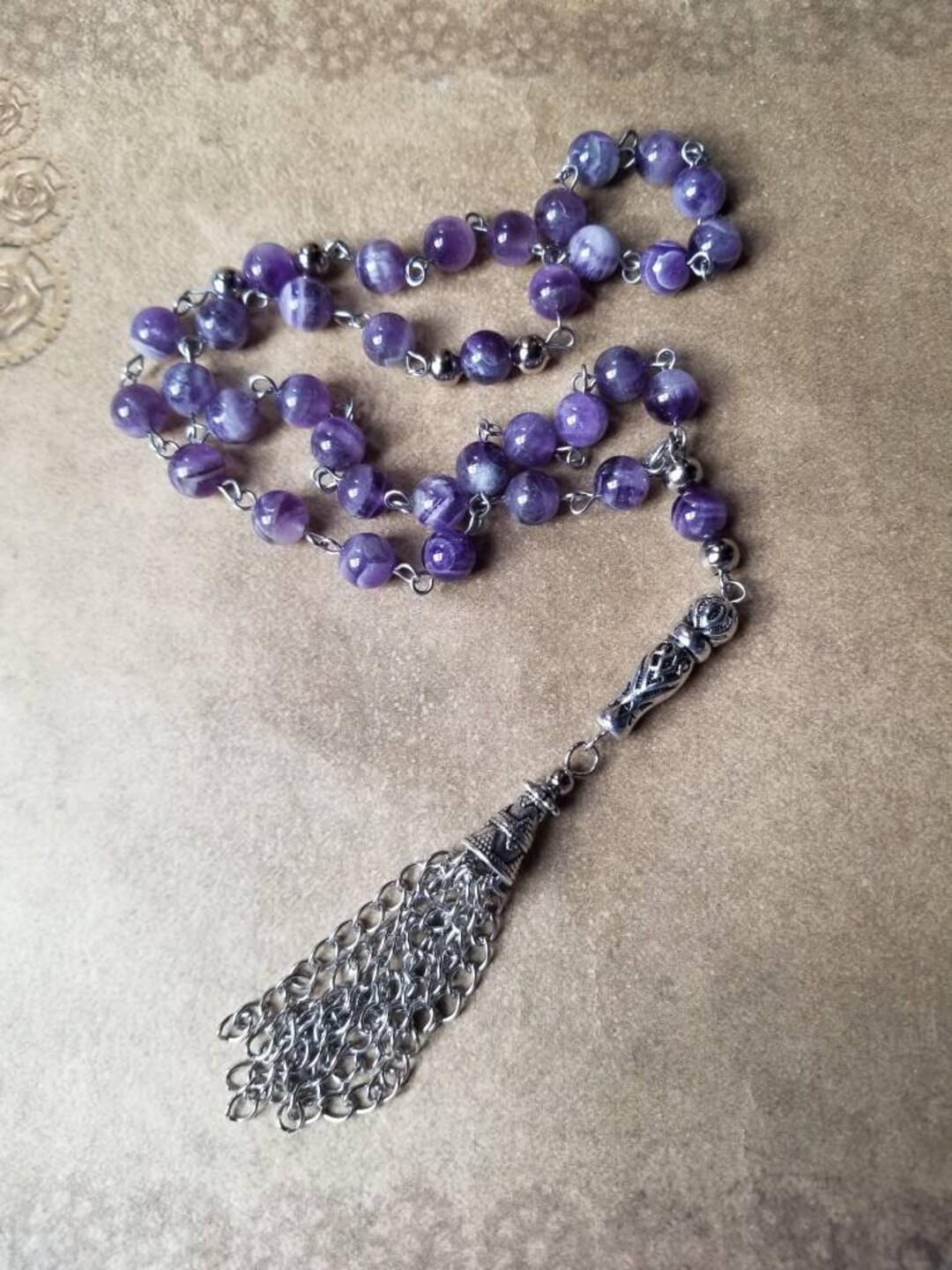 Islamic Prayer Beads, Amethyst Tesbih, Tasbih, Misbaha, Stainless