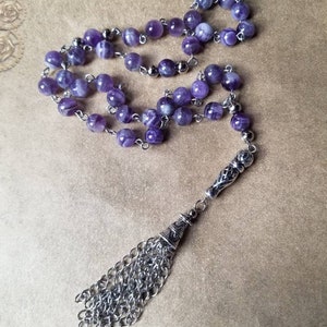 Islamic prayer beads, Amethyst Tesbih, Tasbih, Misbaha, stainless, handmade tassel, Turkish prayer beads, gemstone Chotki, OOAK, hand wired