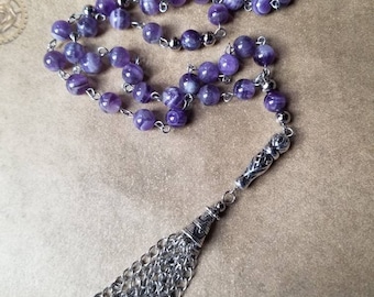 Islamic prayer beads, Amethyst Tesbih, Tasbih, Misbaha, stainless, handmade tassel, Turkish prayer beads, gemstone Chotki, OOAK, hand wired