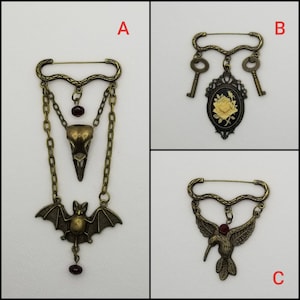 Goth brooch pin, Pagan jewelry, three charm pin, Spooky jewelry, Goddess pin, bat brooch pin, cosplay jewelry, Goth jewelry, bronze pin