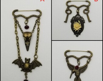 Goth brooch pin, Pagan jewelry, three charm pin, Spooky jewelry, Goddess pin, bat brooch pin, cosplay jewelry, Goth jewelry, bronze pin