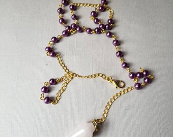 Witches ladder, prayer beads, pendulum, necklace, gold tone, purple glass pearls, Pink Quartz,  gemstone pendulum point, Pagan, Wiccan