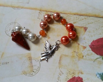 Lammas prayer beads, pagan prayer beads, Lughnasadh prayer beads, stainless steel, glass pearls, Phoenix charm, Red Jasper pendulum point