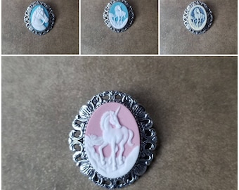 Cameo brooch or pendant, unicorn cameo, horse cameo, unicorn or horse cameo necklace, fantasy jewelry, LARP jewelry, silver-toned bezel
