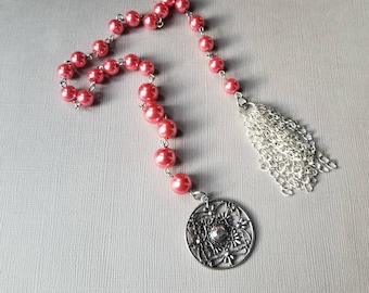 Baha'i prayer beads, 19 and 5 prayer beads, hand-wired, dark coral glass pearls, mandala charm, handmade chain tassel, stainless steel