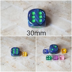 30mm Chessex Lustrous Blue with Green pips dice, Chessex 30mm die, Lustrous Blue dice, mega titan d6, dnd dice, extra d6 dice