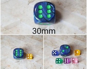 30mm Chessex Lustrous Blue with Green pips dice, Chessex 30mm die, Lustrous Blue dice, mega titan d6, dnd dice, extra d6 dice