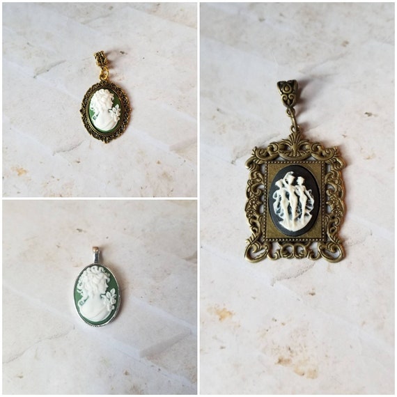 Cameo pendant, cameo necklace, Three Graces cameo pendant, unicorn cameo pendant, girl with pearls cameo pendant, cat cameo pendant