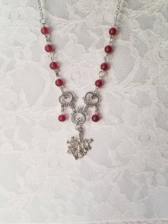 Cimaruta necklace, Cimaruta jewelry, Italian witches amulet, stainless steel pins, deep red sea glass, silver toned connectors, Stregheria