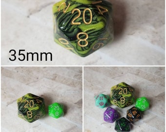 Black and yellow 35mm Jumbo d20, black and yellow pearl with gold numbers, giant dnd dice, 35mm d20 dice, huge dnd dice,  jumbo d20,