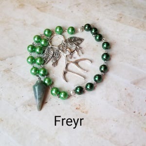 Freyr prayer beads, Norse God Freyr, prayer beads, hand-wired, beautiful beads, silver-toned charms, Norse, Asatru, pagan
