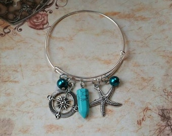 Summer bangle, expandable bangle, Summer jewelry, matches prayer beads, Summer pagan bracelet, Beach themed bangle, Turquoise, starfish