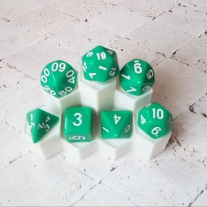 Opaque green 16mm dnd dice with white numbers, polyhedral gaming dice, DnD dice set, RPG dice, gaming dice, set of 7 DnD dice