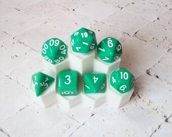 Opaque green 16mm dnd dice with white numbers, polyhedral gaming dice, DnD dice set, RPG dice, gaming dice, set of 7 DnD dice