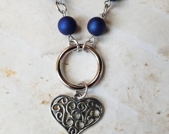 O ring day collar, blue satin glass, discreet day collar, symbolic jewelry, BDSM collar, submissive collar, stainless steel, O ring, heart