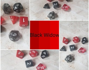 Black widow 16mm dnd dice sets, Black Widow dice sets, themed hand picked dnd dice, curated set, polyhedral dice, RPG dice, D and D dice