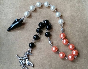 Samhain prayer beads, pagan prayer beads, Samhain witches prayer beads, stainless steel, glass pearls, Banded Agate, witch charm, Halloween