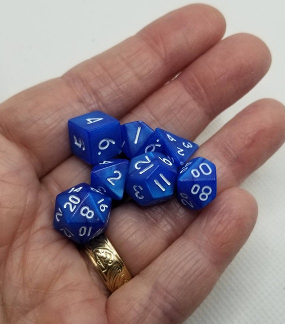 Pearly blue and white mini Dnd dice, mini polyhedral gaming dice, DnD dice set, RPG dice, D and D dice, set of 7 DnD dice, 10mm dice