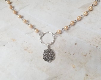 Kitten day collar, discreet day collar, light peach glass pearls, BDSM collar, hammered O ring necklace, Celtic knot day collar