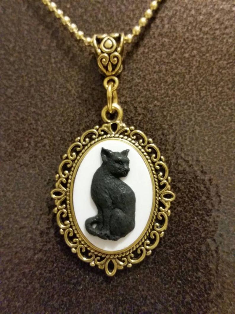 Black Cat Cameo Pendant Necklace White And Image 0