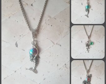 Mermaid necklace, dragon necklace, silver-toned necklace, mermaid pendant, dragon pendant, dragon eye pendant, mermaid scale pendant