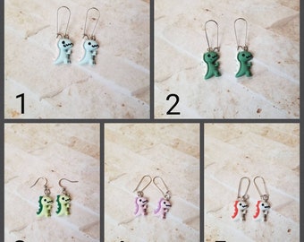Whimsical earrings, kitschy earrings, dinosaur earrings, dino earrings, cute dinosaur earrings, stainless steel wires, kawaii dinosaurs