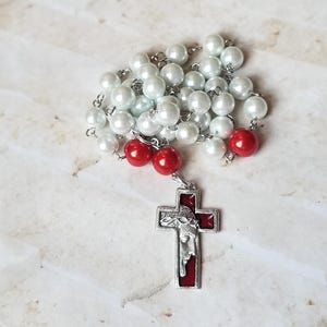 Orthodox prayer beads, Orthodox Chotki, white and red glass pearls, stainless steel,  Chotki, Komboskini, hand-wired, red enameled cross